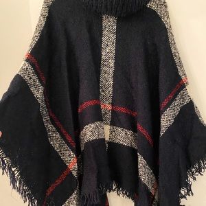 Blue plaid, cowl neck poncho